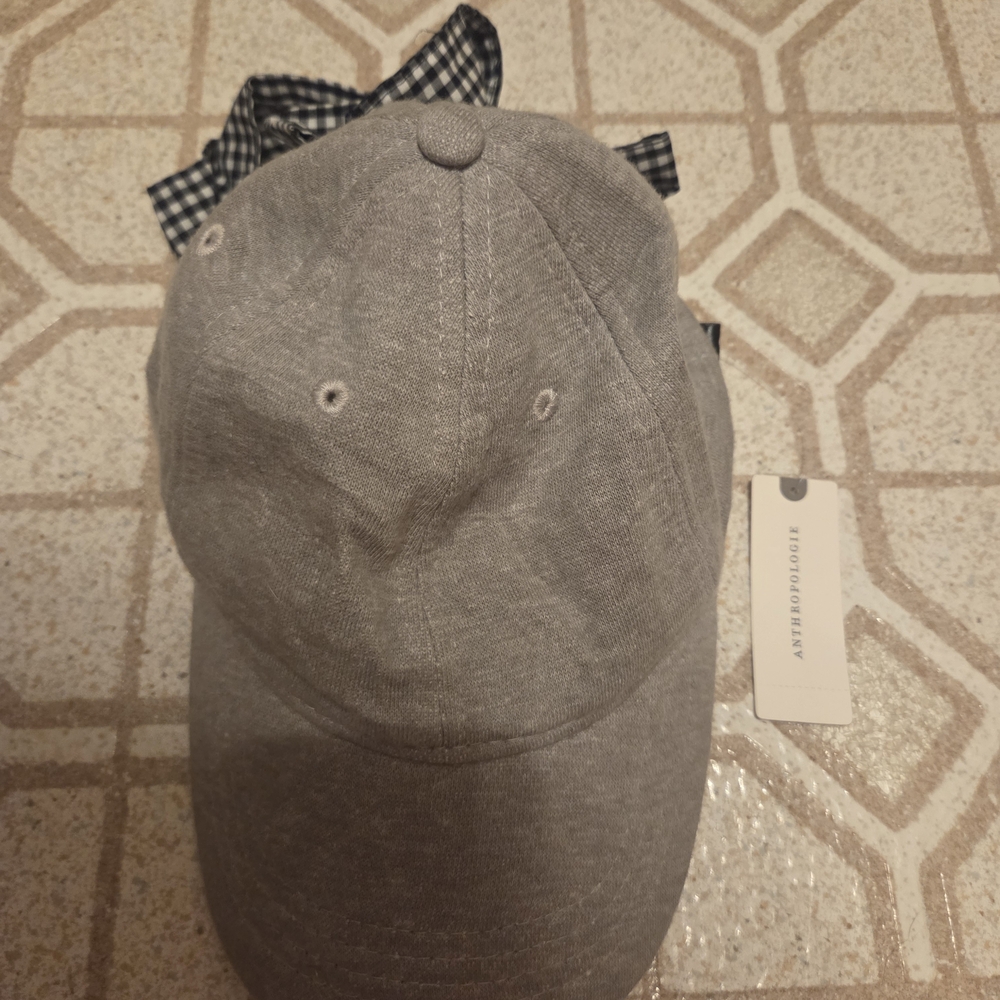 Anthropologie Heather Gray Baseball Cap with Gingham Bow